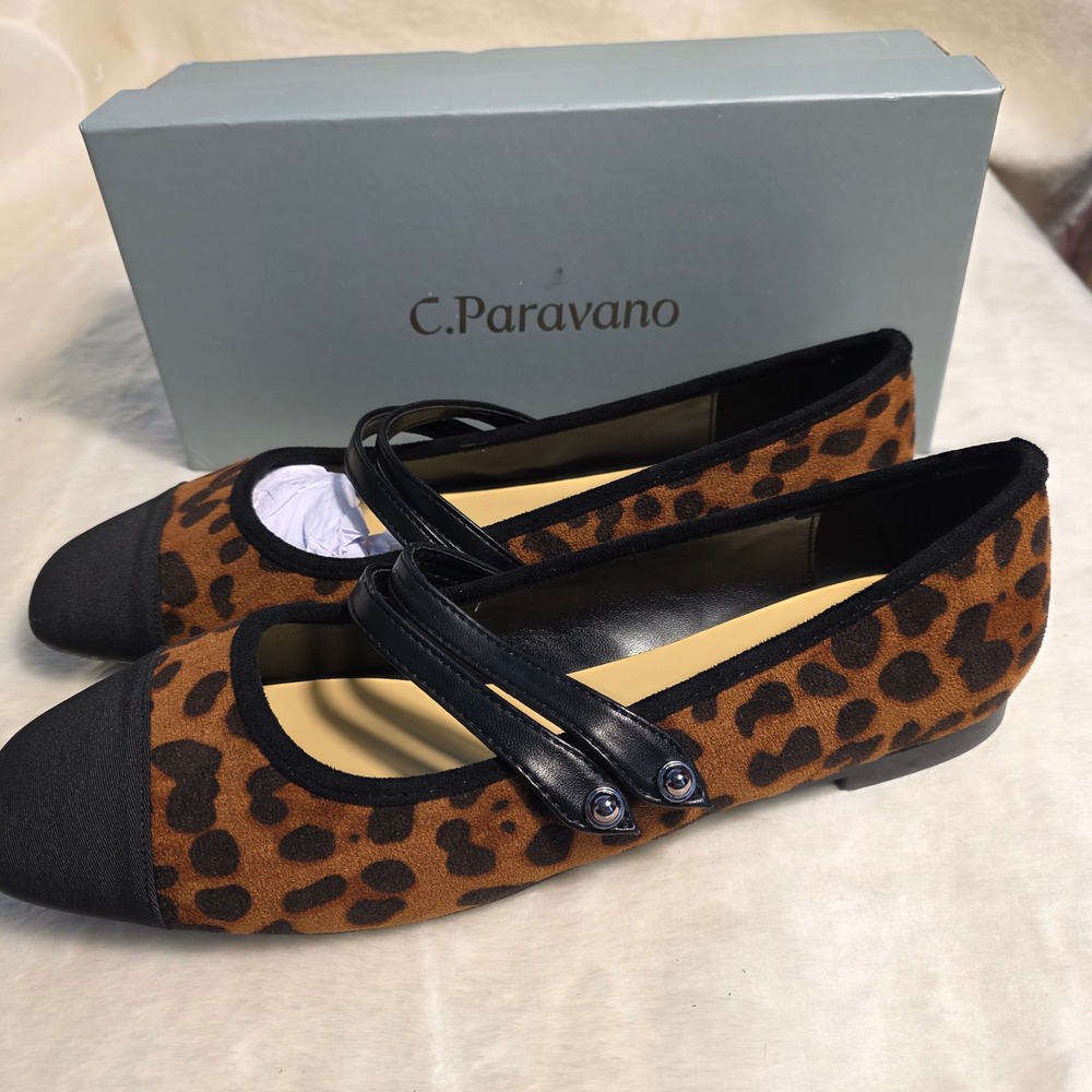 C.Paravano Mary Jane‎ Flats Double Strap Leopard Brown Square Toe 41.5 10.5 NEW